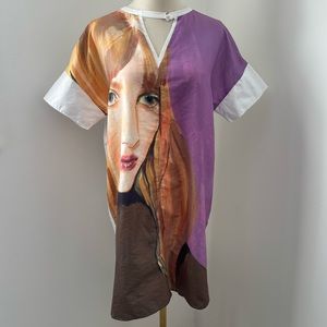 Zara ‘Painted’ Face White and Purple Cutout V-Neck T-Shirt Mini Dress